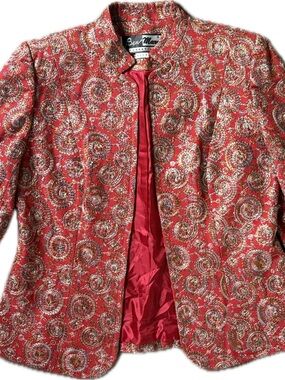 Vintage Ben Marc International Blazer Embroidered Brocade Red Gold Mandarin Sz L
